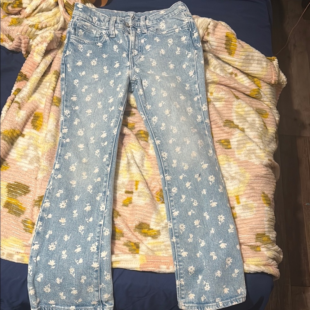 Floral Patterned Blue And White Girl Youth Jeans